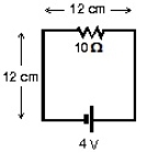 The circuit shown is in a uniform magnetic field that is into the page. The current in the circuit is 0.20 A. At what rate is the magnitude of the magnetic field changing? Is it increasing or decreasing?   A)  0 T/s B)  140 T/s, decreasing C)  140 T/s, increasing D)  420 T/s, decreasing E)  420 T/s, increasing