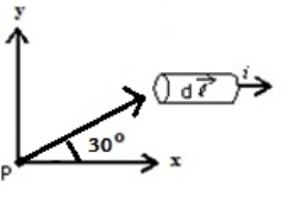 In the figure, if the current element has a length of 1.0 mm, carries a current of 2.5 A, and is a distance of 4.8 cm from the point P, what is the magnitude of the magnetic field at point P?   A)  0 T B)  2.6 x 10<sup>-9</sup> T C)  5.4 x 10<sup>-8</sup> T D)  9.4 x 10<sup>-</sup><sup>8</sup> T E)  1.1 x 10<sup>-7</sup> T