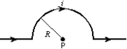  The magnitude of the magnetic field at point P, at the center of the semicircle shown, is given by:   A)  2 \mu <sub>0</sub>i/R<sup>2</sup> B)   \mu <sub>0</sub>i/2  \pi R C)   \mu <sub>0</sub>i/4  \pi R D)   \mu <sub>0</sub>i/2R E)   \mu <sub>0</sub>i/4R 