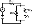 When switch S is open, the ammeter in the circuit shown reads 2.0 A. When S is closed, the ammeter reading:   A)  increases slightly B)  remains the same C)  decreases slightly D)  doubles E)  halves