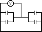  Each of the four capacitors shown is 500  \mu F. The voltmeter reads 1000V. The magnitude of the charge on each capacitor plate is:   A)  0.2 C B)  0.5 C C)  20 C D)  50 C E)  none of these 
