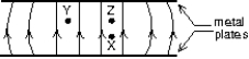 The diagram shows the electric field lines due to two charged parallel metal plates. We conclude that:   A)  the upper plate is positive and the lower plate is negative B)  a proton at X would experience the same force if it were placed at Y C)  a proton at X experiences a greater force than if it were placed at Z D)  a proton at X experiences less force than if it were placed at Z E)  an electron at X could have its weight balanced by the electrical force