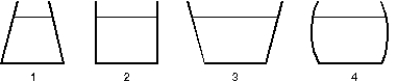 The vessels shown below all contain water to the same height. Rank them according to the pressure exerted by the water on the vessel bottoms, least to greatest.   A)  1, 2, 3, 4 B)  3, 4, 2, 1 C)  1, 2, 4, 3 D)  2, 3, 4, 1 E)  All pressures are the same
