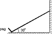  A uniform ladder is 10 m long and weighs 400 N. It rests with its upper end against a frictionless vertical wall. Its lower end rests on the ground and is prevented from slipping by a peg driven into the ground. The ladder makes a 30  \degree  angle with the horizontal. The force exerted on the wall by the ladder is:   A)  47 N B)  74 N C)  120 N D)  350 N E)  460 N 