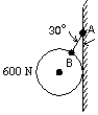  The 600-N ball shown is suspended on a string AB and rests against the frictionless vertical wall. The string makes an angle of 30  \degree  with the wall. The line AB goes through the center of the ball, and the contact point with the wall is at the same vertical height as the center of the ball. The magnitude of the tension in the string is:   A)  300 N B)  520 N C)  690 N D)  1200 N E)  none of these 