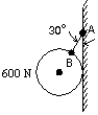  The 600-N ball shown is suspended on a string AB and rests against the frictionless vertical wall. The string makes an angle of 30  \degree  with the wall. The line AB goes through the center of the ball, and the contact point with the wall is at the same vertical height as the center of the ball. The ball presses against the wall with a force of magnitude:   A)  300 N B)  350 N C)  520 N D)  600 N E)  690 N 
