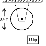 A 16 kg block is attached to a cord that is wrapped around the rim of a flywheel of diameter 0.40 m and hangs vertically, as shown. The rotational inertia of the flywheel is 0.50 kg∙m<sup>2</sup>. When the block is released and the cord unwinds, the acceleration of the block is:   A)  0.15 g B)  0.56 g C)  0.84 g D)  1.0 g E)  1.3 g