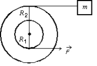 A small disk of radius R<sub>1</sub> is fastened coaxially to a larger disk of radius R<sub>2</sub>. The combination is free to rotate on a fixed axle, which is perpendicular to a horizontal frictionless table top, as shown in the overhead view below. The rotational inertia of the combination is I. A string is wrapped around the larger disk and attached to a block of mass m, on the table. Another string is wrapped around the smaller disk and is pulled with a force as shown. The tension in the string pulling the block is:   A)  R<sub>1</sub>F/R<sub>2</sub> B)  mR<sub>1</sub>R<sub>2</sub>F/(I - mR<sub>2</sub><sup>2</sup>)  C)  mR<sub>1</sub>R<sub>2</sub>F/(I + mR<sub>2</sub><sup>2</sup>)  D)  mR<sub>1</sub>R<sub>2</sub>F/(I - mR<sub>1</sub>R<sub>2</sub>)  E)  mR<sub>1</sub>R<sub>2</sub>F/(I + mR<sub>1</sub>R<sub>2</sub>) 