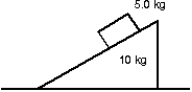 A large wedge with a mass of 10 kg rests on a horizontal frictionless surface, as shown. A block with a mass of 5.0 kg starts from rest and slides down the inclined surface of the wedge, which is rough. At one instant the vertical component of the block's velocity is 3.0 m/s and the horizontal component is 6.0 m/s. At that instant the velocity of the wedge is:   A)  3.0 m/s left B)  3.0 m/s, right C)  6.0 m/s, right D)  6.0 m/s, left E)  17 m/s, right
