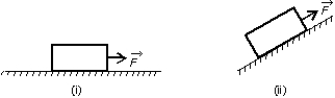 The same heavy wooden block is dragged by a force along a rough steel plate, as shown below for two possible situations. The magnitude of the acceleration is the same for the two situations; do not assume that the magnitude of is the same. The magnitude of the frictional force in (ii) , as compared with that in (i)  is:   A)  the same B)  greater C)  less D)  less for some angles and greater for others E)  can be less or greater, depending on the magnitude of the applied force.