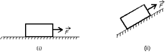 A heavy wooden block is dragged by a force along a rough steel plate, as shown below for two cases. The magnitude of the applied force is the same for both cases. The normal force in (ii) , as compared with the normal force in (i)  is:   A)  the same B)  greater C)  less D)  less for some angles of the incline and greater for others E)  less or greater, depending on the magnitude of the applied force