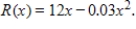 Total revenue is in dollars and x is the number of units. Suppose that the total revenue function for a commodity is   Find   , and tell what it represents. ​ A)  $9.60. This represents the revenue from the sale of 40 units. B)  $478.80. This represents the marginal revenue from the sale of 40 units. C)  $480.00. This represents the marginal revenue from the sale of 40 units. D)  $432.00. This represents the revenue from the sale of 40 units. E)  $1.20. This represents the revenue from the sale of 40 units.