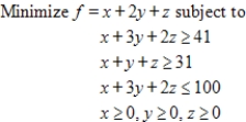 Use the simplex method, Excel, or another technology to solve.​ ​   ​ A)  minimum:   B)  minimum:   C)  minimum:   D)  minimum:   E)  minimum:  