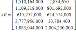 Matrix A below gives the fraction of the Earth's area and the projected fraction of its population for five continents in 2050. Matrix B gives the Earth's area (in square miles)  and its projected 2050 population. Find the area and population of each given continent by finding AB. ​ ​     ,   ​ A)    B)    C)    D)    E)   