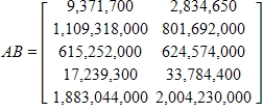 Matrix A below gives the fraction of the Earth's area and the projected fraction of its population for five continents in 2050. Matrix B gives the Earth's area (in square miles)  and its projected 2050 population. Find the area and population of each given continent by finding AB. ​ ​     ,   ​ A)    B)    C)    D)    E)   