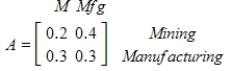 One sector of an economy consists of a mining industry and a manufacturing industry, with technology matrix A. ​   ​ Surpluses of 32 units of mining output and 263 units of manufacturing output are desired. Find the gross production of each industry. ​ A)  mining = 790, manufacturing = 500 B)  mining = 290, manufacturing = 500 C)  mining = 285, manufacturing = 790 D)  mining = 790, manufacturing = 495 E)  mining = 290, manufacturing = 495