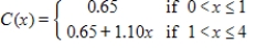 A shipping company's charges for delivery of a package is a function of the package's weight. The following table describes the company's shipping rates. ​   ​ Convert this table to a piecewise defined function that represents shipping costs for packages weighing between 0 and 4 pounds using x as the weight in pounds and C as the cost in dollars. Find the postage for a 1.25-pound package. Round your answer to the nearest cent. ​ A)    cost for a 1.25 lb package: $1.30 ​ B)    cost for a 1.25 lb package: $1.36 ​ C)    cost for a 1.25 lb package: $2.03 ​ D)    cost for a 1.25 lb package: $1.75 ​ E)    cost for a 1.25 lb package: $2.03 ​