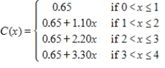 A shipping company's charges for delivery of a package is a function of the package's weight. The following table describes the company's shipping rates. ​   ​ Convert this table to a piecewise defined function that represents shipping costs for packages weighing between 0 and 4 pounds using x as the weight in pounds and C as the cost in dollars. Find the postage for a 1.25-pound package. Round your answer to the nearest cent. ​ A)    cost for a 1.25 lb package: $1.30 ​ B)    cost for a 1.25 lb package: $1.36 ​ C)    cost for a 1.25 lb package: $2.03 ​ D)    cost for a 1.25 lb package: $1.75 ​ E)    cost for a 1.25 lb package: $2.03 ​