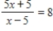 The equation in this problem leads to a linear equation. Solve for x. Because the solution to the linear equation may not be a solution to the original equation, be sure to check the solution in the original equation. ​   ​ A)  x = 5 B)  x = 15 C)  x =   D)  x =   E)  no solution
