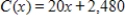 A company distributes college logo sweatshirts and sells them for $50 each. The total cost function is linear, and the total cost for 100 sweatshirts is $4,480, whereas the total cost for 250 sweatshirts is $7,480. Find the equation for the total cost function   where x is the number of sweatshirts produced and sold. ​ A)    B)    C)    D)    E)   