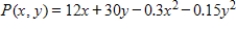 Suppose that the profit from the sale of Kandy and Kreams is given by   dollars, where x is the number of pounds of Kandy and y is the number of pounds of Kreams. How many pounds of Kandy and Kreams must be sold to maximize profit? What is the maximum profit? Round your pounds answers to the nearest whole number. Round your max profit answer to the nearest cent. ​ A)  40 pounds of Kandy, 200 pounds of Kreams, max profit of $661.00 B)  6 pounds of Kandy, 15 pounds of Kreams, max profit of $477.45 C)  12 pounds of Kandy, 30 pounds of Kreams, max profit of $865.80 D)  20 pounds of Kandy, 100 pounds of Kreams, max profit of $1,620.00 E)  60 pounds of Kandy, 300 pounds of Kreams, max profit of $315.34