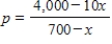 Suppose that the price p (in dollars)  of a product is given by the demand function   where x represents the quantity demanded. If the daily demand is increase at a rate of 5 units per day, at what rate is the price changing when the demand is 64 units? Round your answer to two decimal places. ​ A)  The price is decreasing at approximately 0.24 dollars per day. B)  The price is decreasing at approximately 0.04 dollars per day. C)  The price is decreasing at approximately 0.14 dollars per day. D)  The price is decreasing at approximately 0.03 dollars per day. E)  The price is decreasing at approximately 0.08 dollars per day.