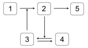 Which system is most likely to produce the stimulus-response curve shown here?   In the systems shown below,the concentration of molecule 3 represents the stimulus,and the concentration of molecule 2 is the response.Molecule 1 is a substrate of molecule 3.Molecule 4 is an inactive form of molecule 3.Molecule 2 activates molecule 5. A)    B)    C)    D)    E)   