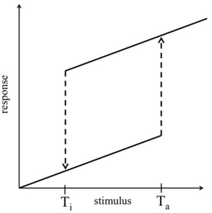 Which system is most likely to produce the stimulus-response curve shown here,where T<sub>i</sub> is the inhibition threshold,and T<sub>a</sub> is the activation threshold?   In the systems shown below,the concentration of molecule 3 represents the stimulus,and the concentration of molecule 2 is the response.Molecule 1 is a substrate of molecule 3.Molecule 4 is an inactive form of molecule 3.Molecule 2 activates molecule 5. A)    B)    C)    D)    E)   