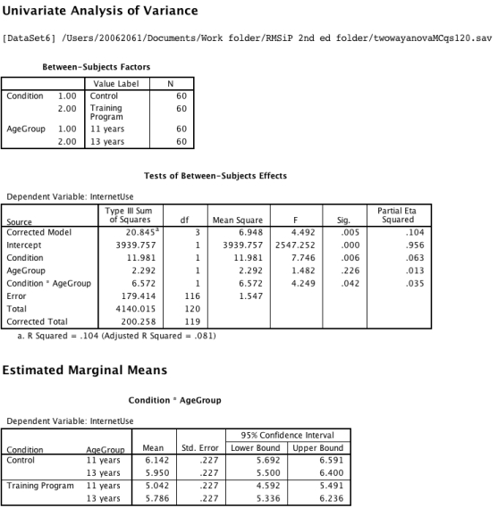 A developmental psychologist developed a training program to encourage children to reduce their Internet usage.To examine its efficacy he recruited a sample of 120 children - of whom 60 were aged 11 years and 60 were aged 13.Half of the participants were randomly assigned to the training program and the amount of online usage was measured after one month.Findings were subjected to two-way ANOVA, from which the output was as follows:   Which of the following statements is true? A) The effect for age is large because it is less than .05 B) The effect sizes cannot be interpreted in this output due to overlap between variables C) The results need to be interpreted with some caution as the table shows there were 179.414 errors in the output D) The results cannot be compared to a random process because the study involved randomization (which is quite different to random sampling)  E) None of the above.