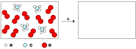 Answer the following questions based on the diagram shown below:   :  A.Complete the diagram showing the products formed from this combustion reaction. B.Write a complete and balanced chemical equation for the reaction shown and identify the limiting reactant.Explain your reasoning in 1 - 2 sentences. C.Assuming that each unit shown represents one mole of each compound,calculate the mass of the excess reactant that will remain once the reaction is complete.