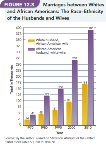   -Figure 12.3, Marriages Between Whites and African Americans: The Race-Ethnicity of the Husband and Wives,  illustrates mixed African American/white marriages. Calculate the percentage increase of both combinations (White husband/African American wife and White wife/African American husband)between 2000 and 2009. What are some reasons for these changes?