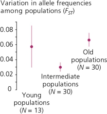 <strong>Data in the accompanying figure shows the results of allelic frequency analysis of an insect-pollinated plant whose seeds are transported by wind and water,therefore making this plant one of the first colonizers of new islands.The data―particularly the lower variation of allele frequencies of intermediate-aged populations―supports the hypothesis that ________. </strong> A) genetic drift tends to homogenize populations B) migration tends to homogenize populations C) gene flow tends to homogenize populations D) A, B, and C are all accurate. E) B and C are both accurate.