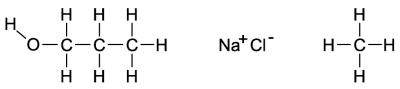 Dipole-induced dipole forces of attraction exist between water and gasoline, and yet these two substances do not mix because water has such a strong attraction for itself. Which of the following compounds might best help to make these two substances mix into a single liquid phase?   A) the molecule on the far left because the O-H bond is polar and the carbon and hydrogen bonds are nonpolar B) the molecule in the middle because when the salts mix into the water, it will help separate the water and decrease the attraction for itself C) The molecule on the right will form attractions with the polar ends of the water, allowing the gasoline a chance to mix with the water. D) All of these molecules would be equally effective at increasing the mixing of gasoline and water.