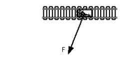 Figure V-5    -A small railroad car is pulled by a rope as shown in the sketch (top view) . The force F that the rope exerts on the car has a component along the track and another component perpendicular to the track. Judging from the diagram, the larger of these two components would be A) along the track. B) perpendicular to the track. These components will be equal if C) the rope makes an angle of 45° with the track. D) the rope is pulled in a direction along the track, rather than at an angle to it. E) they form an action-reaction pair on the car. F) but they can never really be equal. 