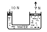 Figure E-6    -In the hydraulic device shown, when the small piston is pushed down 10 cm with a force of 10 N, the large piston is raised 1 cm. This means that the large piston is capable of lifting A) 10 N, B) 100 N, C) 1000 N, D) any amount of weight, Which illustrates E) that impulse is equal to a change in momentum. F) (F × d) input = (F × d) output. G) Newton's second law. H) that the stored energy that a body possesses may be transformed into other forms of energy. 