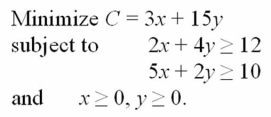 What is the optimal solution for the following problem?   A) (x,y) = (0,0) . B) (x,y) = (0,3) . C) (x,y) = (0,5) . D) (x,y) = (1,2.5) . E) (x,y) = (6,0) .