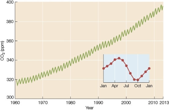 Refer to the graph below.The Keeling curve,shown here,provides us with more than a half-century of precise measurements of atmospheric CO<sub>2</sub> concentrations over Mauna Loa,Hawaii.Do these data show a trend,and if so,what is the trend?   A)  No;the data appear random. B)  No;the data show constant variability,not a definite trend. C)  Yes;the data show a slight,but insignificant,upward trend. D)  Yes;the data show an upward trend,but variability makes it invalid. E)  Yes;the data show a definite upward trend with predictable seasonal variations.