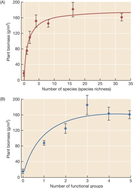 Based on information in the graphs below,explain how species richness is related to number of functional groups in a community,and how they both relate to net primary productivity (measured as plant biomass per unit time).  