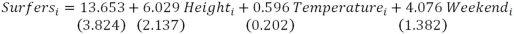 Suppose you are interested in explaining the number of surfers surfing at your favorite spot on a given day.After collecting data on the number of surfers,the height of the waves (in feet),the water temperature,and whether the day was a weekend on a sample of 92 days,you estimate the following marginal effects for the Poisson model a)Why is OLS not appropriate in this circumstance? How does a Poisson model improve on OLS? b)Discuss the results. c)What assumption is necessary for Poisson to be the appropriate model? How would you test this assumption? If this assumption fails,what alternative model could you estimate?