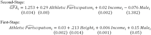 Suppose you are interested in testing whether athletes receive better grades in high school but you are considered that the decision to compete in athletics is endogenous because athletes tend to have higher levels of motivation which results in the performing better at school work but cannot be measured and included as an independent variable in the regression.After collecting data for a sample of 32,416 high school seniors,you estimate the following instrumental variable model a)Which of the two models is the regression model you are interested in estimating? Why is it not appropriate to estimate this model using OLS? b)What two attributes does height need to have to make it a valid instrument? Do you think these hold in this circumstance? c)Explain the intuition behind the first stage model. d)Comment on the results above. e)Why is it necessary to have such a large sample size when estimating an instrumental variable model? Explain.
