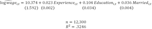 Suppose that in an effort to explain variation in wages,you collect a panel data set with 12,300 total observations over 3 different years and you estimate the following pooled cross-section model a)How many individuals are included in your sample in each of the three years? How do you know? Explain. b)How do you interpret the estimated sample regression function? Explain. c)What is a potential shortcoming associated with this model? Explain. d)What would be the simplest way to address the issue raised in (b)? Why would this address the issue? Explain.
