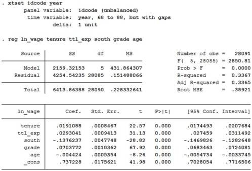 Using the National Longitudinal Survey of young women who were 14-26 years in 1968 with independent variables age (age in current year),grade (current grade completed),south (1 if south),ttl_exp (total work experience),tenure (job tenure,in years),and the dependent variable ln_wage (natural log of wage/GNP deflator).You obtain the following pooled cross section results in STATA. a)Comment on the coefficient estimates and the statistical significance of the estimates.What type of model is this? What are the drawbacks of estimating this type of model? You then estimate a fixed effects model in STATA and obtain the following results b)Explain how a fixed effects model is estimated and in what circumstances fixed effects models are the most appropriate option.Be specific. c)How do these results differ from the results in part a? d)Why was grade dropped? Be specific. Finally,you estimate a fixed effects model in STATA and obtain the following results e)Explain how a random effects model is estimated and in what circumstances random effects models are the most appropriate option.Be specific. f)Why is grade not dropped from this specification but it was dropped for the fixed effects model? g)Which of the three models do you prefer? Why?