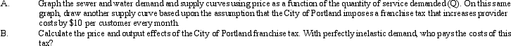 Franchise Tax and Inelastic Demand. Assume the supply of sewer and water services in the City of Portland can be described as:    where Q is thousands of homes served per month with sewer and water service, and P is the price per month. Also assume that sewer and water service demand is perfectly inelastic at a quantity of 25(000). This means that the sewer and water demand curve can be drawn as a vertical line that passes through 25(000) on the X-axis.   