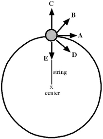   The figure shows a ball tied to a string and swung in a circle, clockwise. If the string suddenly breaks when the ball is in the position shown, which arrow best represents the initial direction of motion of the ball just after the string breaks? A)  Arrow A. B)  Arrow B. C)  Arrow C. D)  Arrow D. E)  Arrow E.