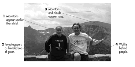 When you look at a photograph or artwork, you use a variety of visual cues to judge the distance of objects. The image depicts the author of your textbook and his daughter in Estes Park, Colorado. Pick the alternative that correctly labels the monocular depth perception cues in the photograph.   A)  1, linear perspective, 2, binocular disparity, 3, motion parallax, 4, overlap B)  1, texture gradient, 2, linear perspective, 3, overlap, 4, aerial perspective C)  1, relative size, 2, texture gradient, 3, aerial perspective, 4, overlap D)  1, linear perspective, 2, texture gradient, 3, overlap, 4, convergence