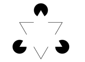 When most people look at this image, they see the illusion of a solid white triangle. Which Gestalt principles are illustrated by this visual illusion?   A)  laws of proximity and contrast B)  laws of similarity and size constancy C)  laws of closure and good continuation D)  motion parallax and Gestalt priming