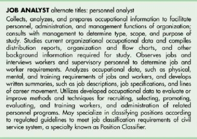 This figure provides a description of a specific job, called personnel analyst  or  job analyst.  What do you need to qualify for this position?   A) a bachelor's degree B) a bachelor's degree plus at least one year of work experience in industry C) a doctorate degree or master's degree D) a college diploma in business administration