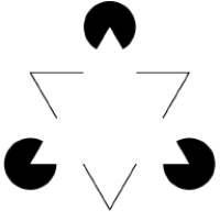 When most people look at this image, they see the illusion of asolid white triangle. Which Gestalt principles are illustrated by this visual illusion?   A) laws of proximity and contrast B) laws of similarity and size constancy C) laws of closure and good continuation D) motion parallax and Gestalt priming