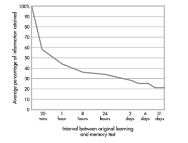 What principle is depicted in the graph?   A) the Sperling decay of sensory memory curve B) Baddeley's working memory curve C) Kandel's long-term potentiation curve D) the Ebbinghaus forgetting curve