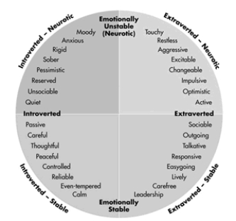 Which theory of personality is represented in this diagram?   A) the five-factor model of personality B) Cattell's 16 personality factor model C) the Myers-Briggs Type Indicator D) Eysenck's theory of personality types